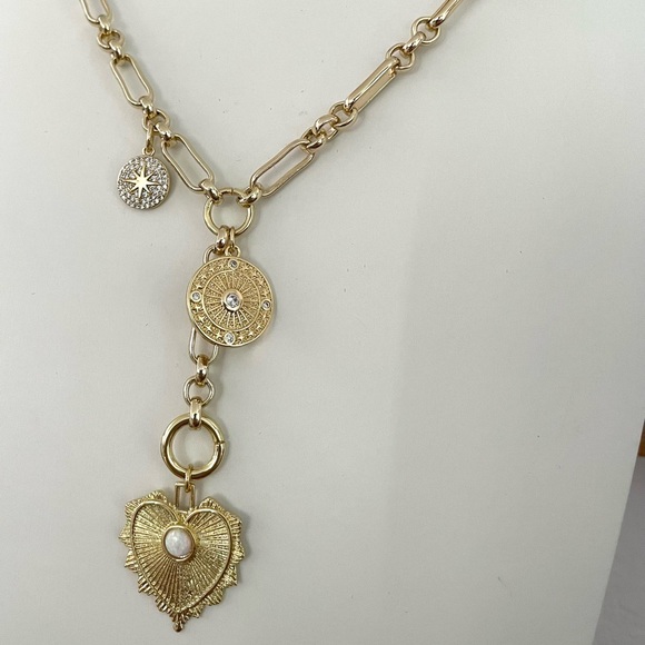 Heart Necklace with Pave Compass Star Charm Medallion - Picture 3 of 3